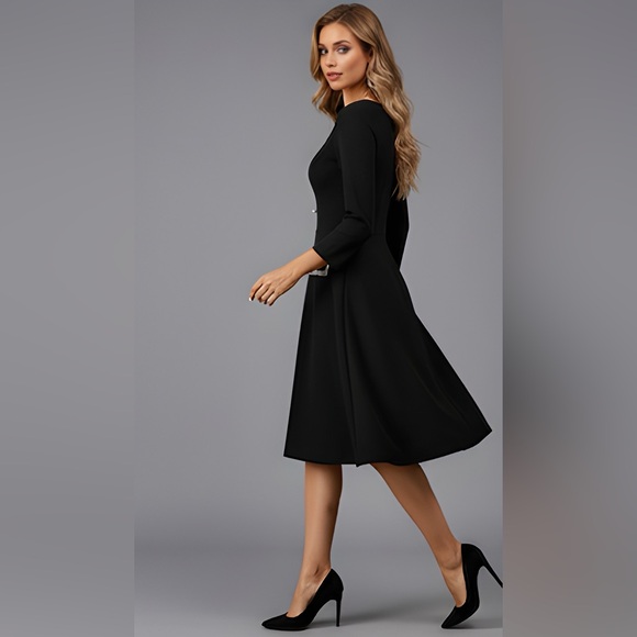 A-Line Pearl Button Square Neck Dress Black - Picture 2 of 11